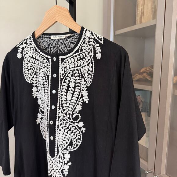 Roller Rabbit Embroidered Midi Dress Cotton Flax Black White Shift Small S - Picture 4 of 7